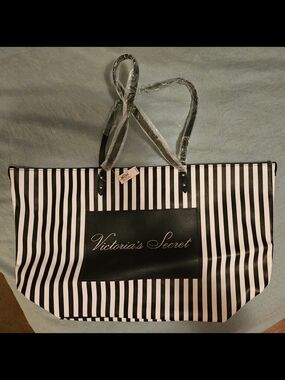 Victoria's Secret Black and White Striped Logo Tote